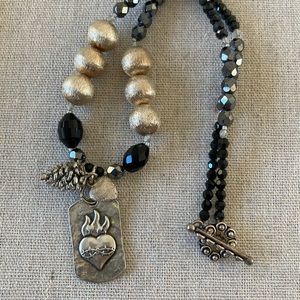 New Sterling Silver Beaded Necklace with Flaming Heart Dog Tag Pendant O…